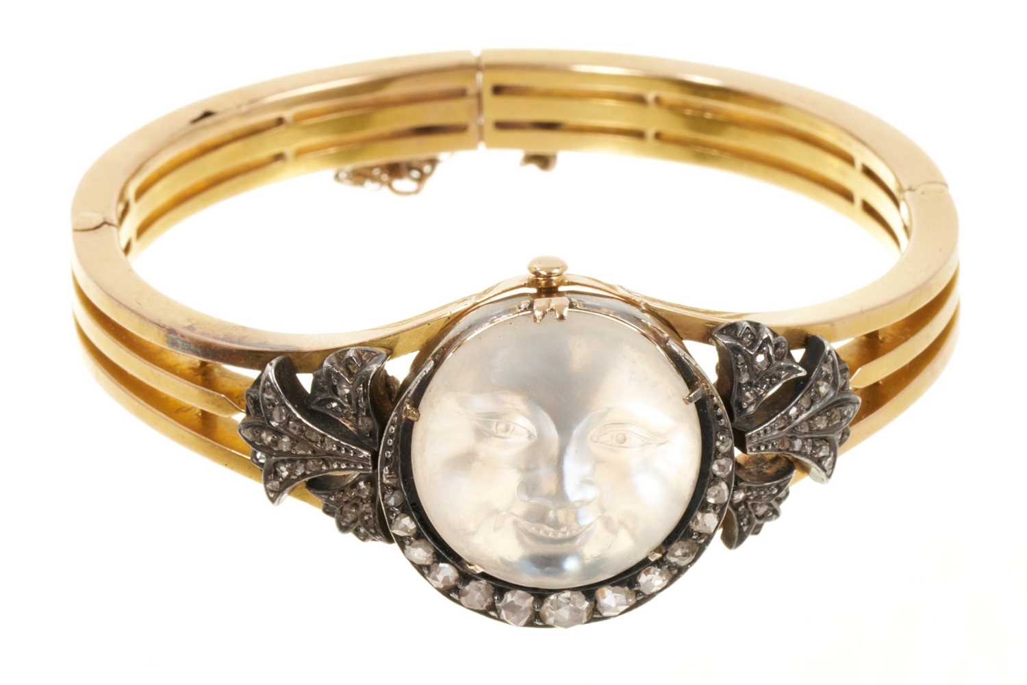 Lot 606 - A fine Victorian gold moonstone and rose cut diamond bangle