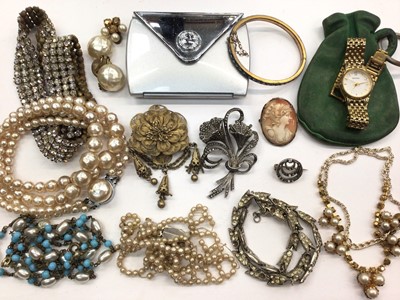 Lot 1079 - Filigree brooch, simulated pearl necklaces, marcasite brooches and other costume jewellery