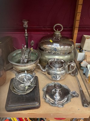 Lot 768 - Group of silver plated ware to include two serving domes, flatware and teapot