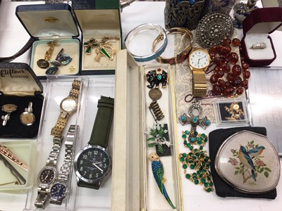 Lot 1055 - Group of costume jewellery, watches, two vintage handbags, empty jewellery boxes and bijouterie