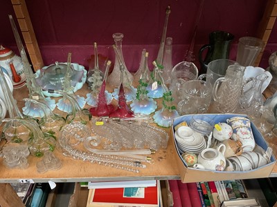 Lot 734 - Group of ceramics and glassware, including antique glass epergnes, scent bottles, plates, etc (2 shelves together and 1 further down row)