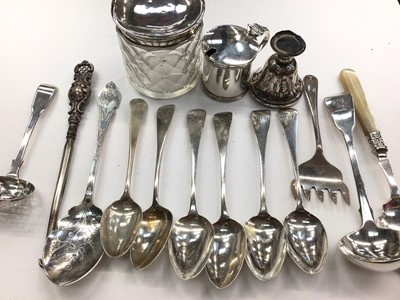 Lot 1082 - Group of miscellaneous silver flatware to include teaspoons, mustard pot and vanity jar