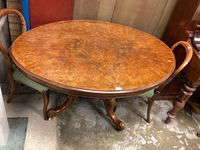 Lot 1369 - Victorian burr walnut veneered oval loo table on four carved splayed legs, 131cm x 100cm