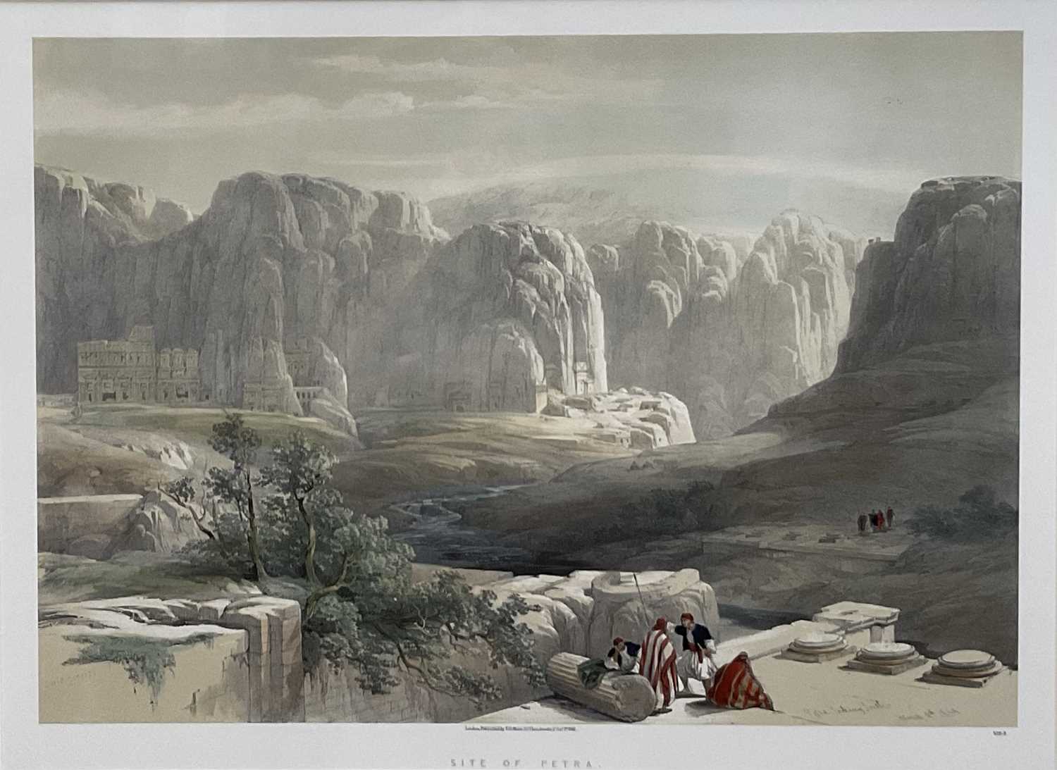 Lot 289 - After David Roberts, pair of coloured prints - Site of Petra and Island of Graia, Gulf of Akabah, 20th century versions, 40cm x 55cm, in glazed gilt frames