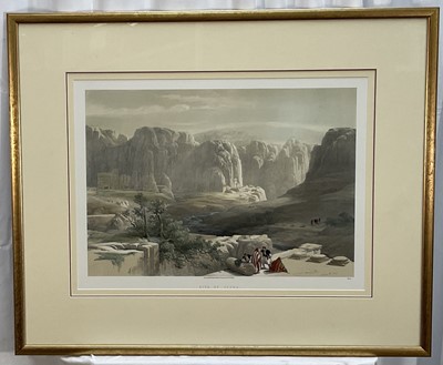 Lot 289 - After David Roberts, pair of coloured prints - Site of Petra and Island of Graia, Gulf of Akabah, 20th century versions, 40cm x 55cm, in glazed gilt frames