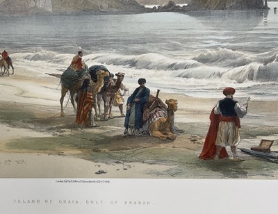 Lot 289 - After David Roberts, pair of coloured prints - Site of Petra and Island of Graia, Gulf of Akabah, 20th century versions, 40cm x 55cm, in glazed gilt frames