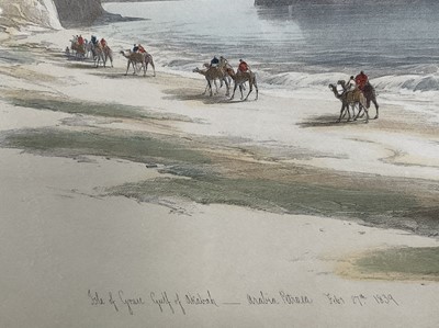Lot 289 - After David Roberts, pair of coloured prints - Site of Petra and Island of Graia, Gulf of Akabah, 20th century versions, 40cm x 55cm, in glazed gilt frames