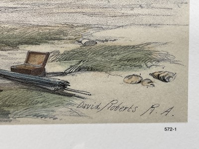 Lot 289 - After David Roberts, pair of coloured prints - Site of Petra and Island of Graia, Gulf of Akabah, 20th century versions, 40cm x 55cm, in glazed gilt frames