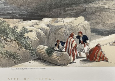 Lot 289 - After David Roberts, pair of coloured prints - Site of Petra and Island of Graia, Gulf of Akabah, 20th century versions, 40cm x 55cm, in glazed gilt frames