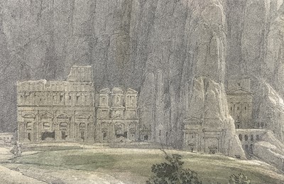 Lot 289 - After David Roberts, pair of coloured prints - Site of Petra and Island of Graia, Gulf of Akabah, 20th century versions, 40cm x 55cm, in glazed gilt frames