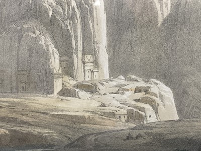 Lot 289 - After David Roberts, pair of coloured prints - Site of Petra and Island of Graia, Gulf of Akabah, 20th century versions, 40cm x 55cm, in glazed gilt frames
