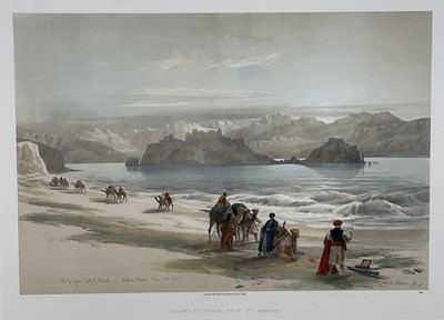 Lot 289 - After David Roberts, pair of coloured prints - Site of Petra and Island of Graia, Gulf of Akabah, 20th century versions, 40cm x 55cm, in glazed gilt frames