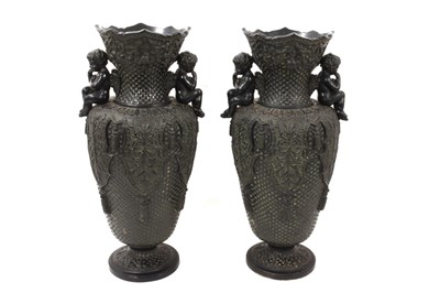 Lot 345 - Pair 19th century pottery vases in the Classical style, black in colour, simulating bronze