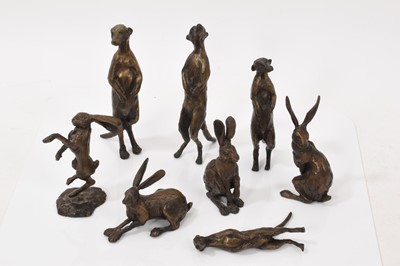 Lot 1037 - Collection of contemporary bronze figures of hares and meerkats, the tallest 13cm high. (8)