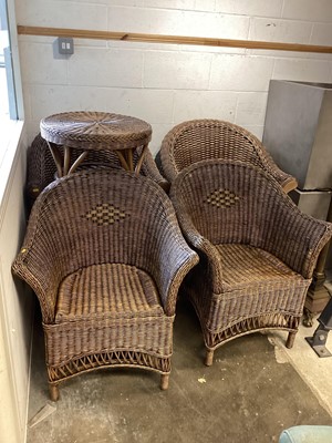 Lot 1376 - Contemporary wicker conservatory suite comprising four chairs and a circular coffee table