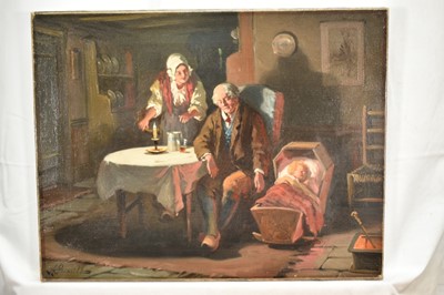 Lot 1463 - Alexander Rosell (1859-1922) oil on canvas, cottage interior with an elderly couple and a baby in a wooden crib, signed, unframed, 36 x 46cm