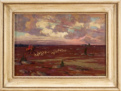 Lot 1462 - Edouard Doigneau (1865-1954) oil on canvas, open landscape with huntsmen and hounds, signed, 37cm x 54cm, in painted frame