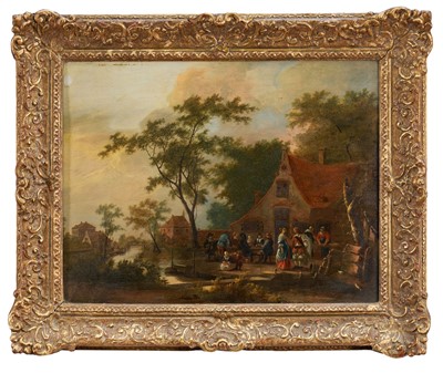 Lot 1468 - Dutch School, late 18th century, oil on oak panel, river landscape with figures before an inn, 38cm x 49cm, in gilt frame