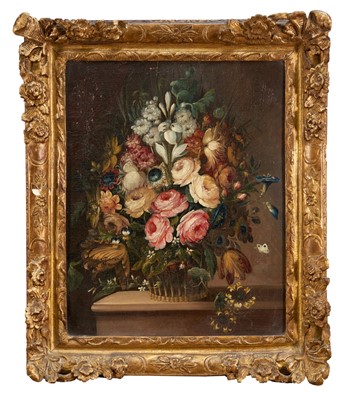 Lot 1448 - Dutch School, 18th century, oil on canvas, still life of summer flowers, 51cm x 41cm, in ornate gilt frame