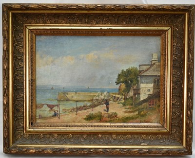 Lot 1421 - George Parton early 20th century, oil on artist canvas board, view of Babbicombe Harbour in Devon, signed, also inscribed verso, in gilt frame. 24 x 35cm.                                        ...