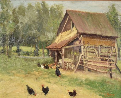 Lot 1469 - Leon Reding, circa 1900, oil on canvas, farmyard scene with chickens by a barn, signed, 37cm x 47cm, in gilt frame.