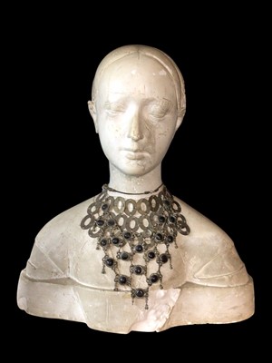 Lot 1056 - Carved plaster mediaeval revival bust, with jewelled necklace