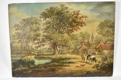 Lot 1420 - Dutch School 19th century, oil on oak panel, river landscape with a herdsman, his dog and a cow near a village, dated 1838, unframed. 31 x 42cm.                                       ...