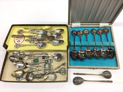 Lot 161 - Collection of silver and plated souvenir spoons, together with a pair of Russian silver (84) enamelled spoons