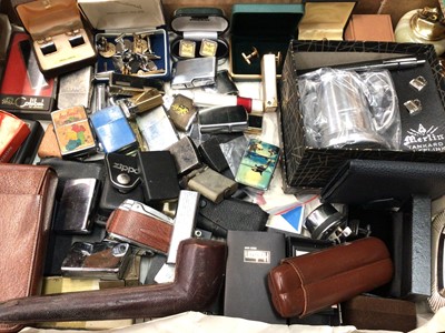 Lot 354 - Collection of lighters, table lighters, Monte Cristo Hanana cigars in box, cigar cases, leather pipe case, cufflinks etc (1 box)