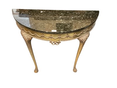 Lot 1403 - Marble topped demi lune console table on cabriole legs