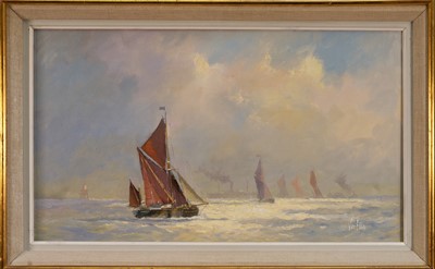 Lot 1290 - Vic Ellis (1921-1984) oil on canvas - Sailing Barges, signed, 35.5cm x 61cm, in gilt frame