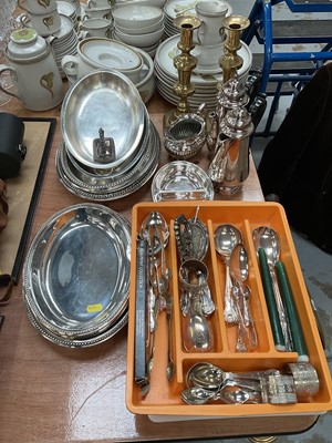 Lot 514 - Pair of brass candlesticks, silver plated cutlery, silver plated entree dishes and other metalwares.