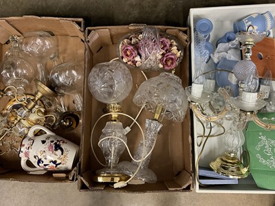 Lot 183 - Cut glass lamps, other glass and ceramics. (3 boxes)