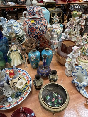 Lot 527 - Japanese Imari porcelain vase and cover, together with a hardwood stand, pair of soapstone carvings and various cloissone items.