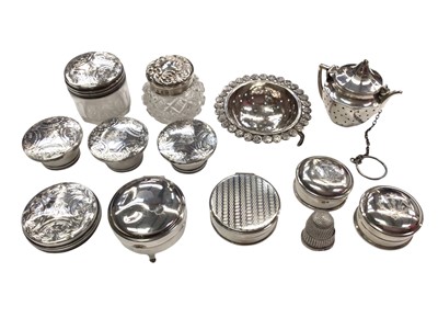 Lot 1073 - Group of silver pill boxes, silver topped glass jar and silver lids etc