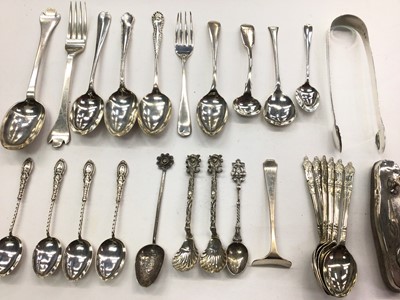 Lot 1074 - Group of various silver teaspoons and flatware, pair of silver sugar tongs, silver mounted nail buffer and set of six silver plated Apostle spoons