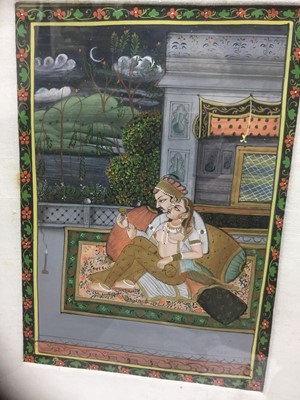 Lot 255 - Indo-Persian gouache illumination, depicting lovers on a veranda, 23 x 17cm, glazed frame