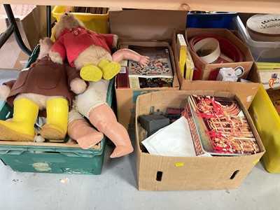 Lot 544 - Four boxes of toys including Paddington bears, diecast vehciles and others.