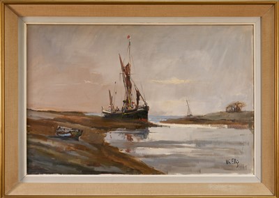 Lot 1292 - Vic Ellis (1921-1984) oil on canvas - Barge Anchored, signed, framed