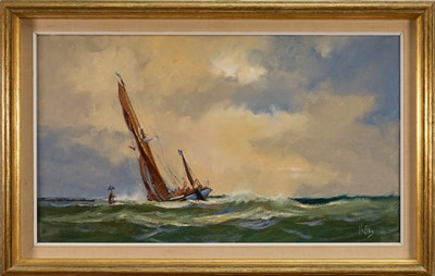 Lot 1289 - Vic Ellis (1921-1984) oil on canvas - Sailing Barge 'May' off the Colne Bar, October 1973, signed, 36cm x 61cm, in gilt frame