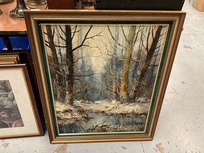 Lot 548 - Impasto oil on canvas of a winter woodlands scene, together with signed prints and other pictures.