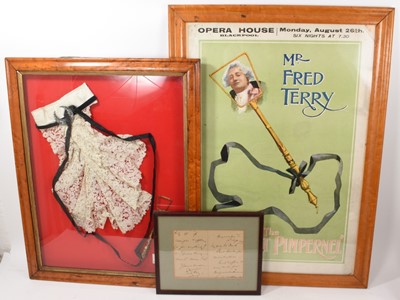 Lot 1069 - Of Theatre interest: items relating to the actor Fred Terry, including a framed autograph letter, dated Haymarket T. 13th Sept. 1900, framed cravatte and eyeglass props worn by Fred Terry in his...