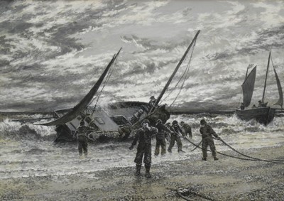 Lot 1276 - Charles Topham Davidson (1848-1902) monochrome watercolour and bodycolour - 'Beaching Fishing Boats, Hastings', signed, inscribed verso, 26cm x 37cm, in glazed frame