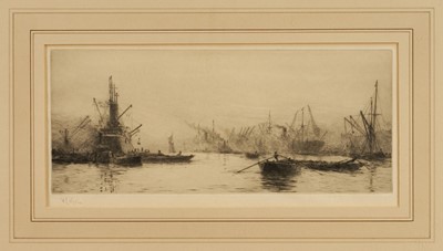 Lot 1255 - William Lionel Wyllie (1851-1931), signed etching, Royal Albert Docks, 17cm x 36cm, in glazed frame