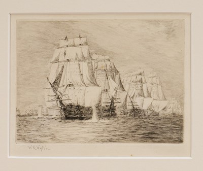 Lot 1260 - William Lionel Wyllie (1851-1931), signed etching - H.M.S. Victory breaking the line at Trafalgar, 14cm x 18cm, mounted