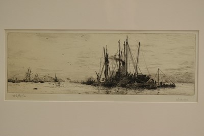 Lot 1259 - William Lionel Wyllie (1851-1931), signed etching - Unloading Timber, 13cm x 34cm, in glazed frame