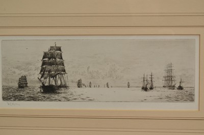 Lot 1257 - William Lionel Wyllie (1851-1931), signed etching - Timber Ships, 13cm x 34cm, in glazed frame