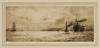 Lot 1256 - William Lionel Wyllie (1851-1931), signed etching - Dumbarton Rock, 1913, from an edition of 400, 22cm x 51cm, in glazed frame