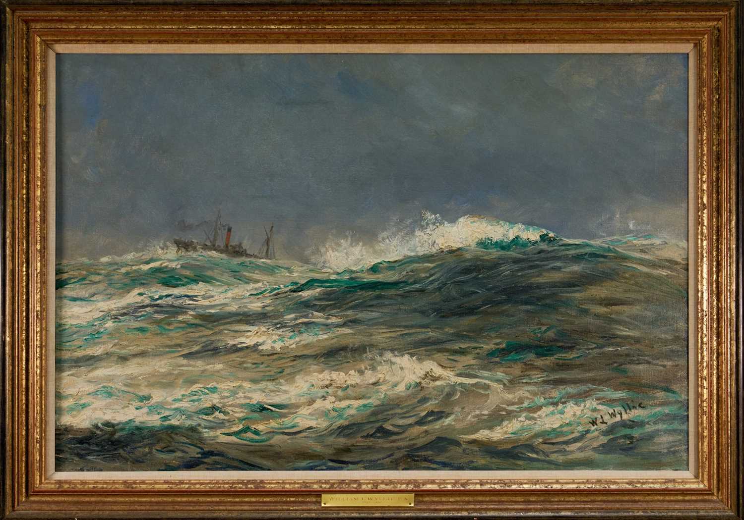 Lot 1252 - William Lionel Wyllie (1851-1931) oil on canvas - “Just a Funnel and a Mast Lurching through the Spray”, signed, in gilt frame