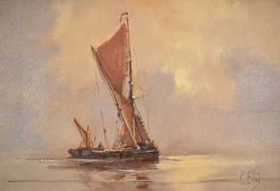 Lot 1291 - Vic Ellis (1921-1984) oil on canvas laid on board - Sailing Barge, signed, 26cm x 39cm, framed